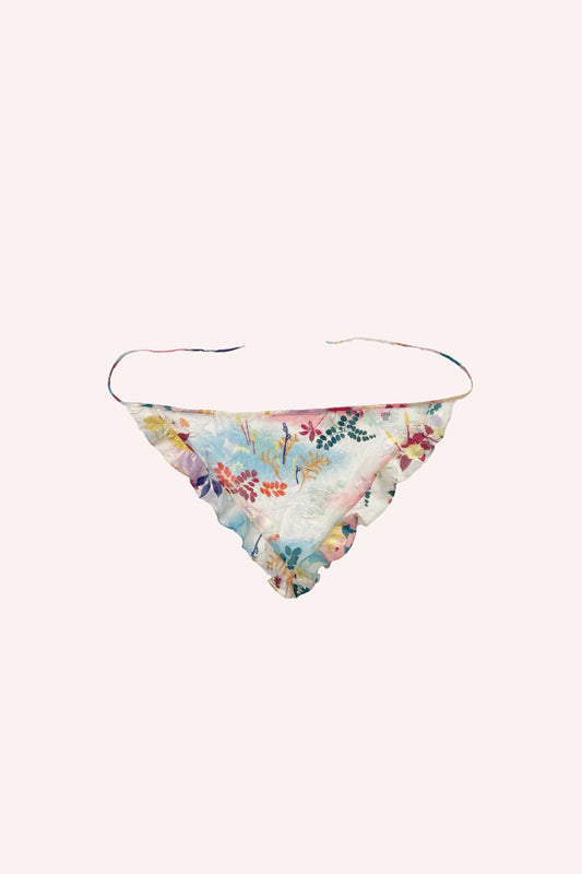 Atlantis Garden Headscarf, triangular shape with 2-straps to tied, hue of purple floral design