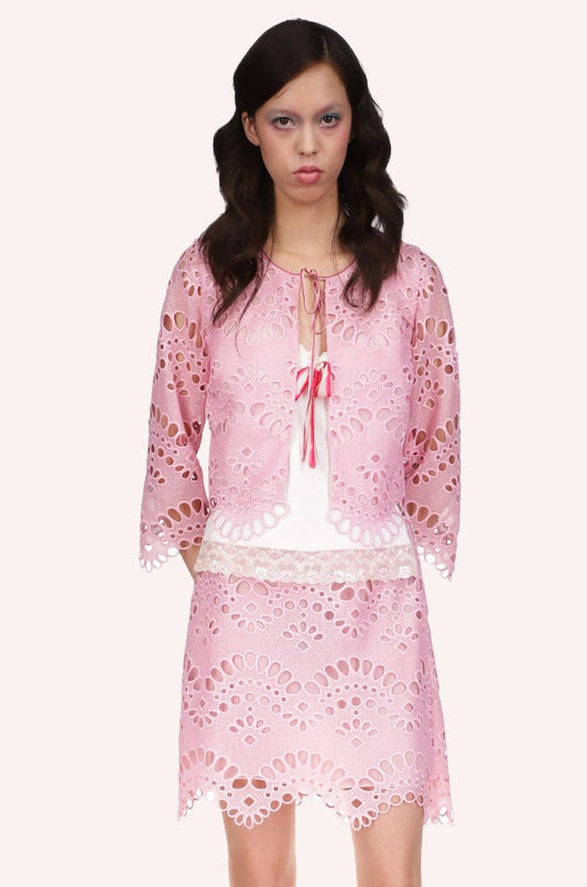 Eyelet Jacket, pink, ribbon at collar, mid-size sleeves, above hips long