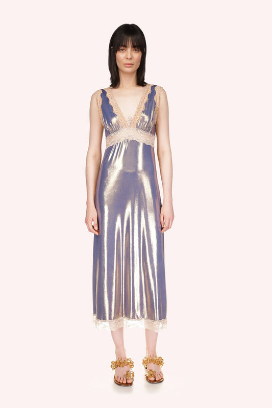 Metallic Dress Sapphire, mid-calf, sleeveless, the over bust pass shoulder, beige lace on each hems