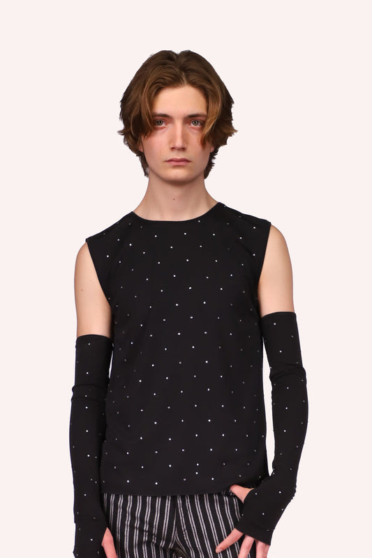 Diamond Jersey Top Black, sleeveless, neckline collar, the diamonds make the top as a starry night