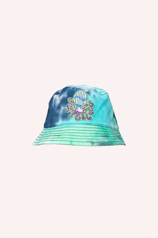 Patch Tie-Dye Bucket Hat Ocean, hue of blue, black stiches around the brim