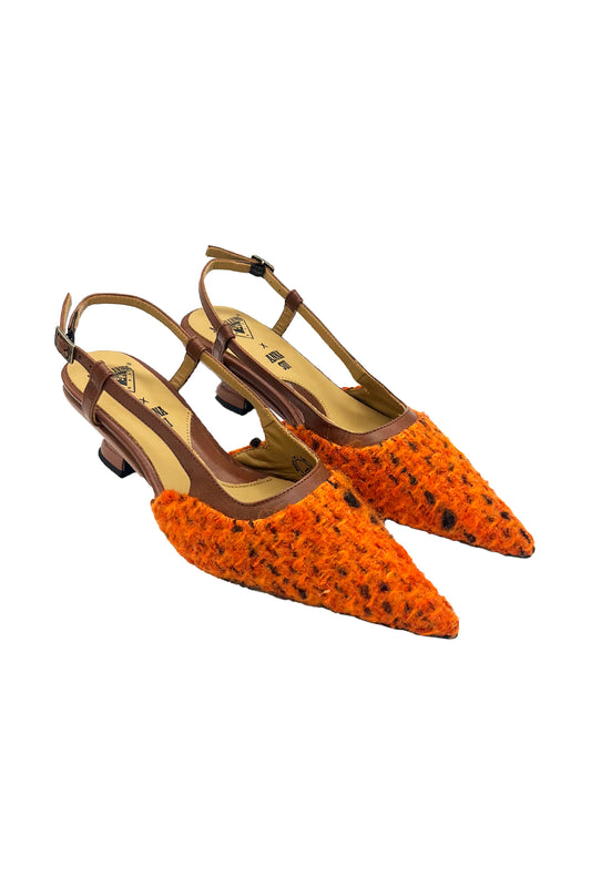 Marmalade Tweed Slingback, low-heeled court shoe with open back, pointed toe, brown leather